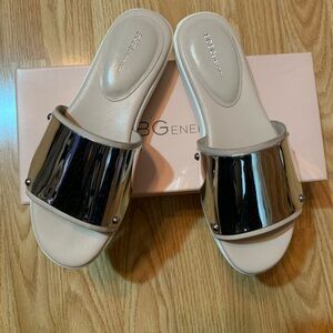BCBGeneration Metallic Silver and Cream Slide Sandals